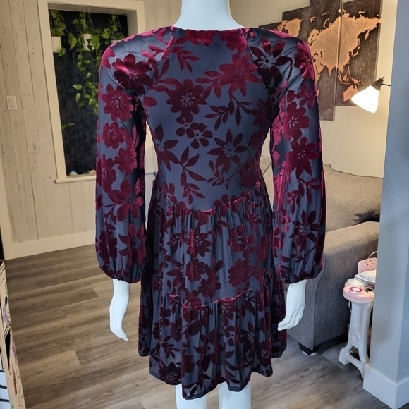 TAYLOR - Burgundy & Black Burnout Floral Velvet Sheath Cocktail Dress - Picture 4 of 14